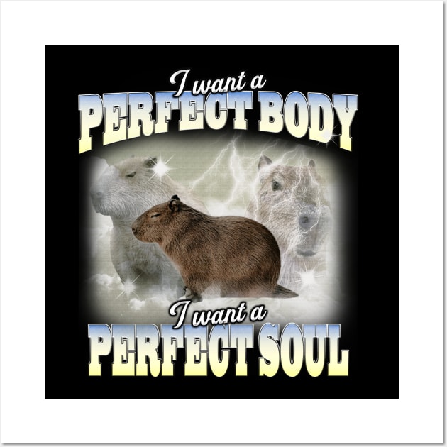 Cabybara Vintage 90s Bootleg Style Graphic T-Shirt, i want a perfect body i want a perfect soul Shirt, Funny Capybara Meme Wall Art by Y2KERA